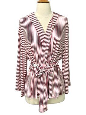 Lake Women's Dream Modal Pajama Top Kimono Red White Stripe Belted Wrap Size L